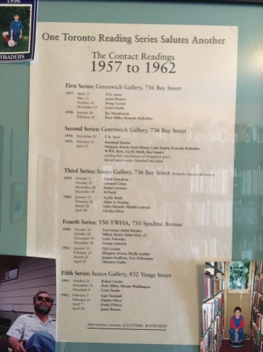 One side of a broadside presenting this list of readers in the Contact Poetry Reading Series on one side, and a poem by Souster ("Charles Olson at the Ford Hotel") on the other. Text at the bottom: "Information Courtesy of LETTERS BOOKSHOP."