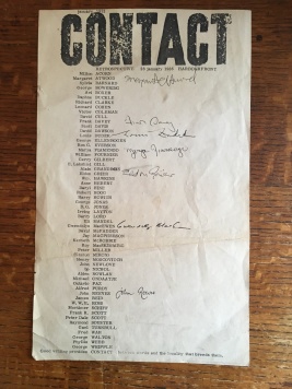 A broadside index of authors published by Contact Press, prepared by Nicky Drumbolis (who else?). "CONTACT" as the top is printed by the same linocut used for Contact magazine. Signed by the seven poets that read at Harbourfront on January 28, 1986 at a Contact retrospective.