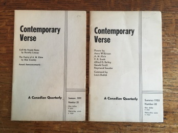 Contemporary Verse, edited for 39 issues by Alan Crawley from 1941-1952. A precedent for and spiritual contemporary of Contact magazine. According to Tim McIntyre, "in 1941, West-coast poets Dorothy Livesay and Floris McLaren, with help from Doris Ferne and Anne Marriott, decided to start a modern poetry magazine and asked Alan Crawley to be its editor."